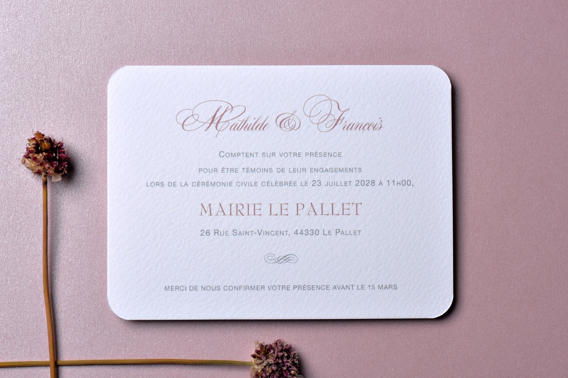 Carton Mairie/Soirée/Lendemain / 115 x 135 mm / Carnet Rose Poudré