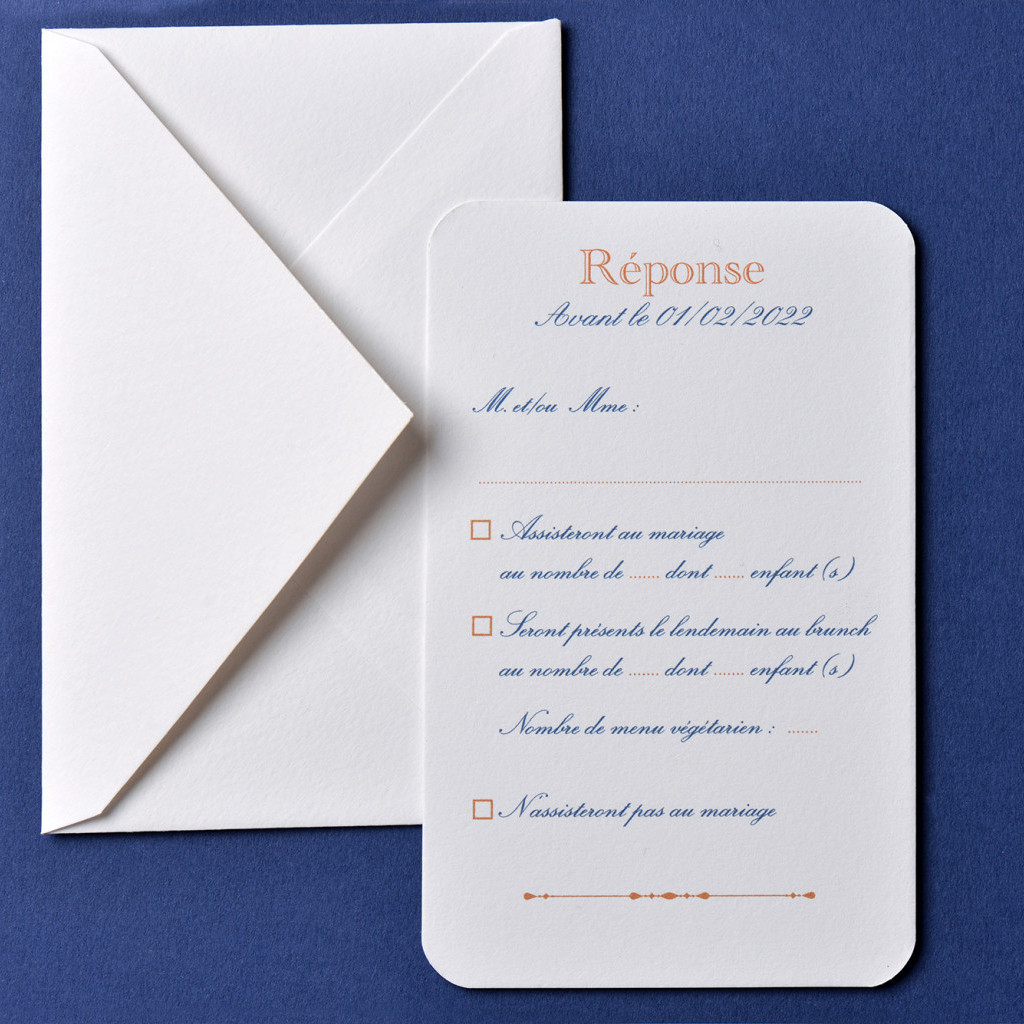 Coupon-Réponse / 135 x 85 mm / Passport Bleu Roi Emilie & Clément